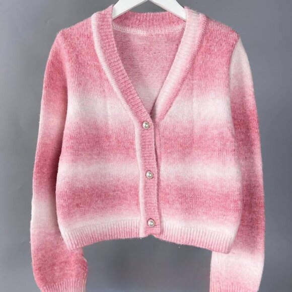 Pink Ombre Button Front Fuzzy Knit Cardigan - Picture 1 of 3